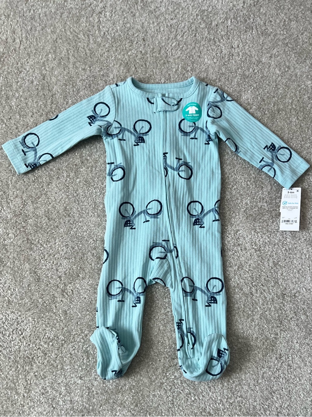 Carters Light Blue Ribbed Footed One-Piece with Navy Bicycle Print